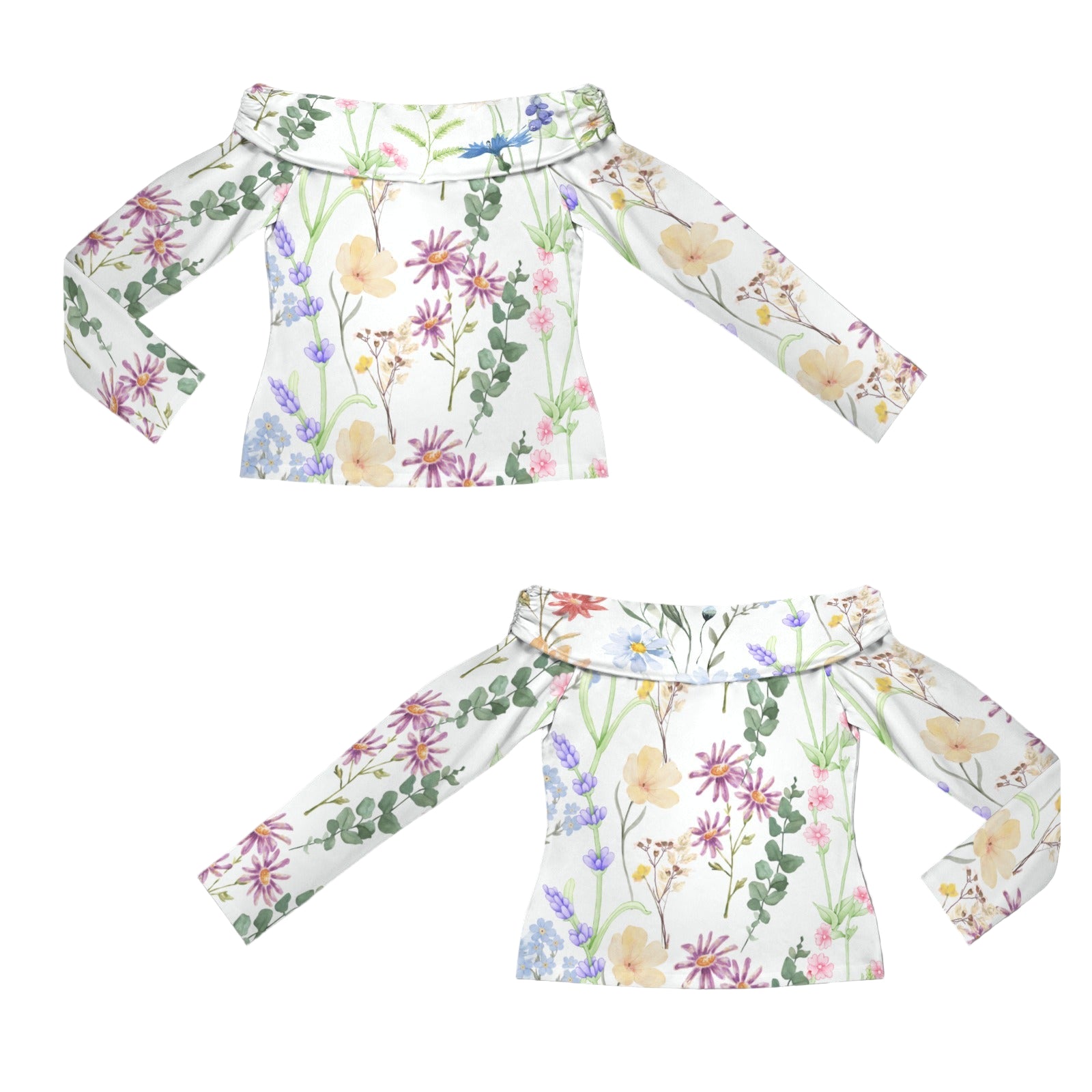 Wildflowers Painted White Off Shoulder Slim Fit Long Sleeve Top up to 5 XL 5