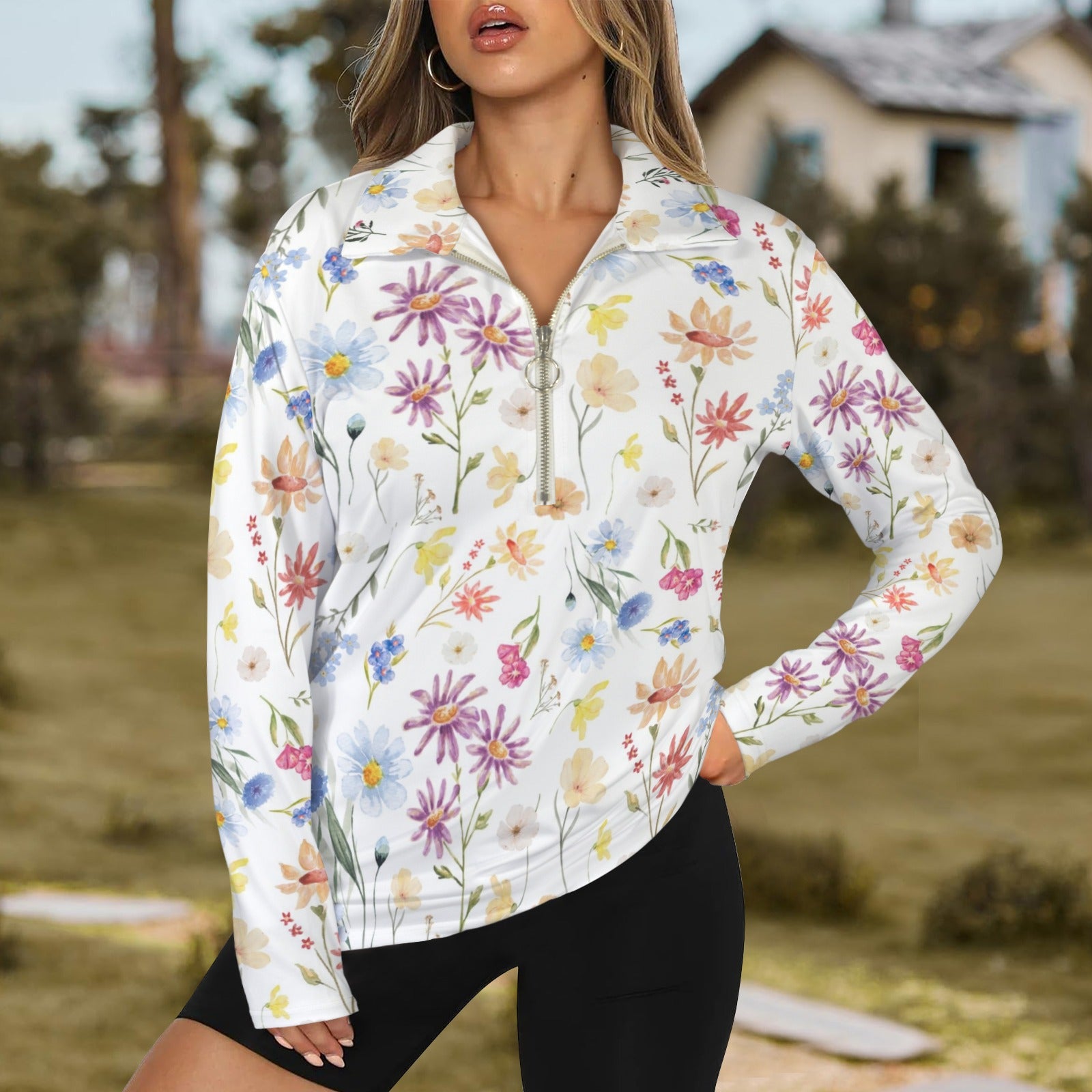 Wildflowers Painted White Zip Neck Long Sleeve Top up to 5 XL 1