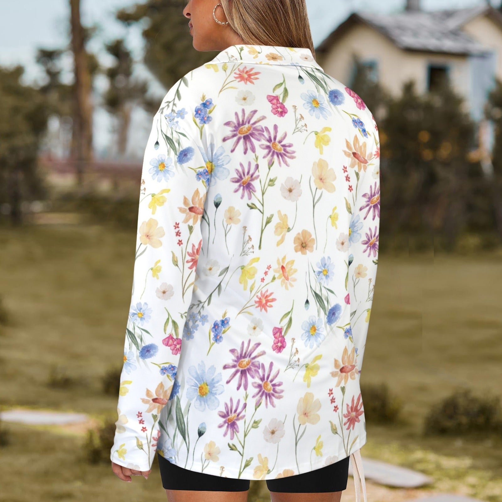 Wildflowers Painted White Zip Neck Long Sleeve Top up to 5 XL 4