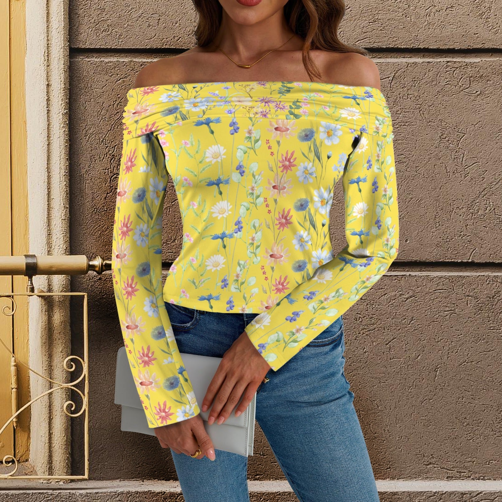 Wildflowers Painted Yellow Off Shoulder Slim Fit Long Sleeve Top up to 5 XL 1