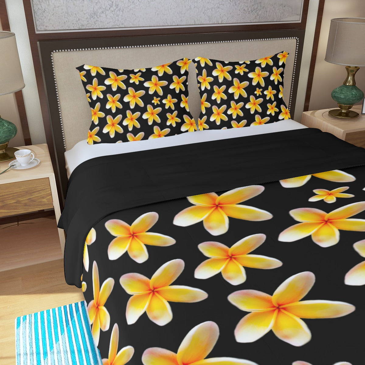 Yellow Frangipanis Black Three Piece Bed Cover Set 1