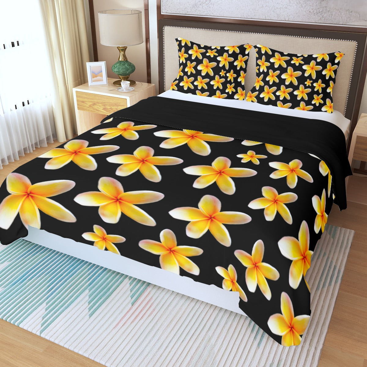 Yellow Frangipanis Black Three Piece Bed Cover Set 2