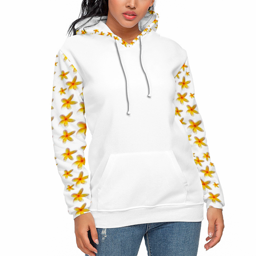 Yellow Frangipanis White Plush Hoodie with Pockets up to 5 XL 1