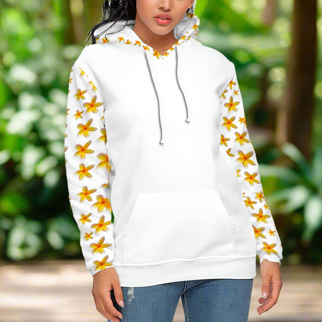 Yellow Frangipanis White Plush Hoodie with Pockets up to 5 XL jungle