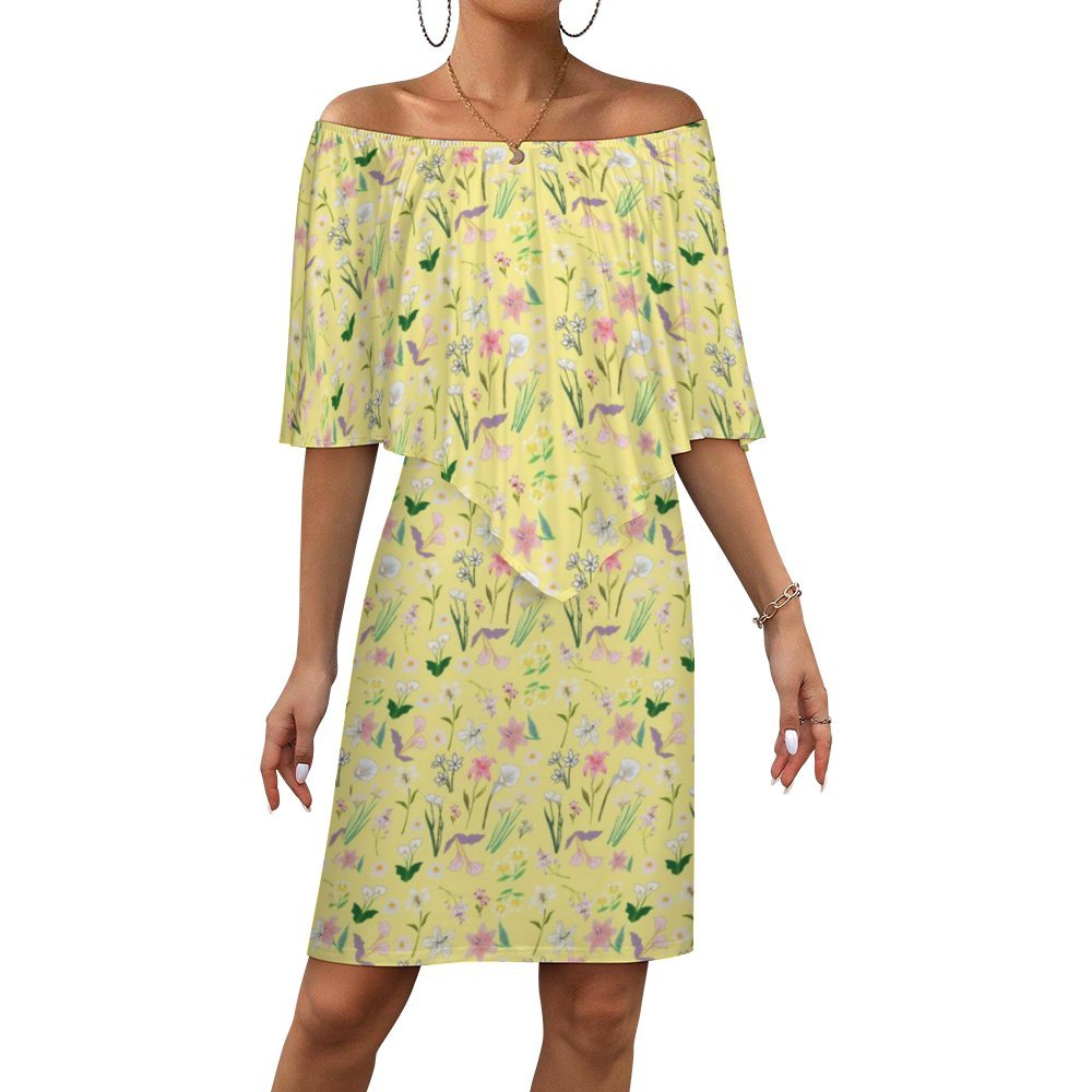 Graphic Lillies Yellow Off Shoulder Dress up to 4 XL (FWS)