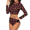 Graphic Pink Hibiscus Black Long Sleeve Surfing Swimsuit up to 2 XL