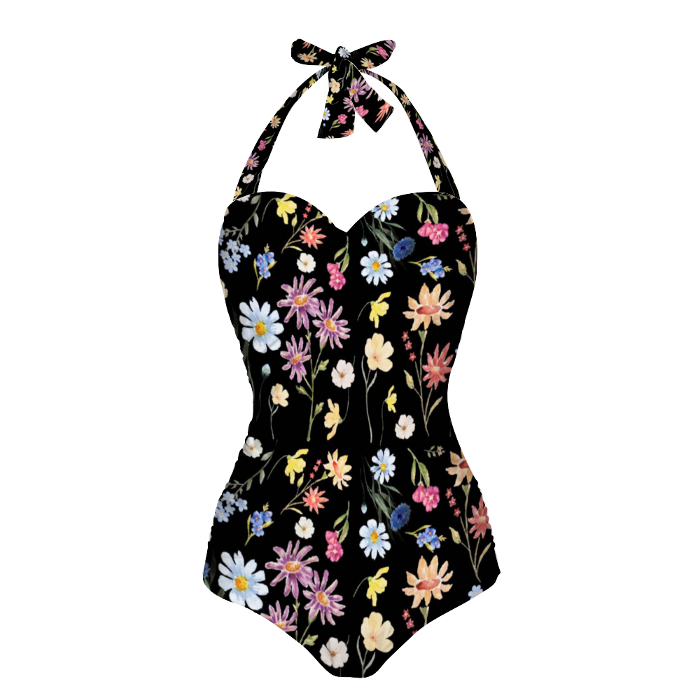 Wildflowers Painted Black Halter Neck Swimsuit up to 2 XL (FWS) 2