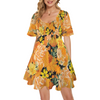 Orange & Yellow Floral Black V Neck Ruffle Sleeves Dress up to 5 XL (FWS)