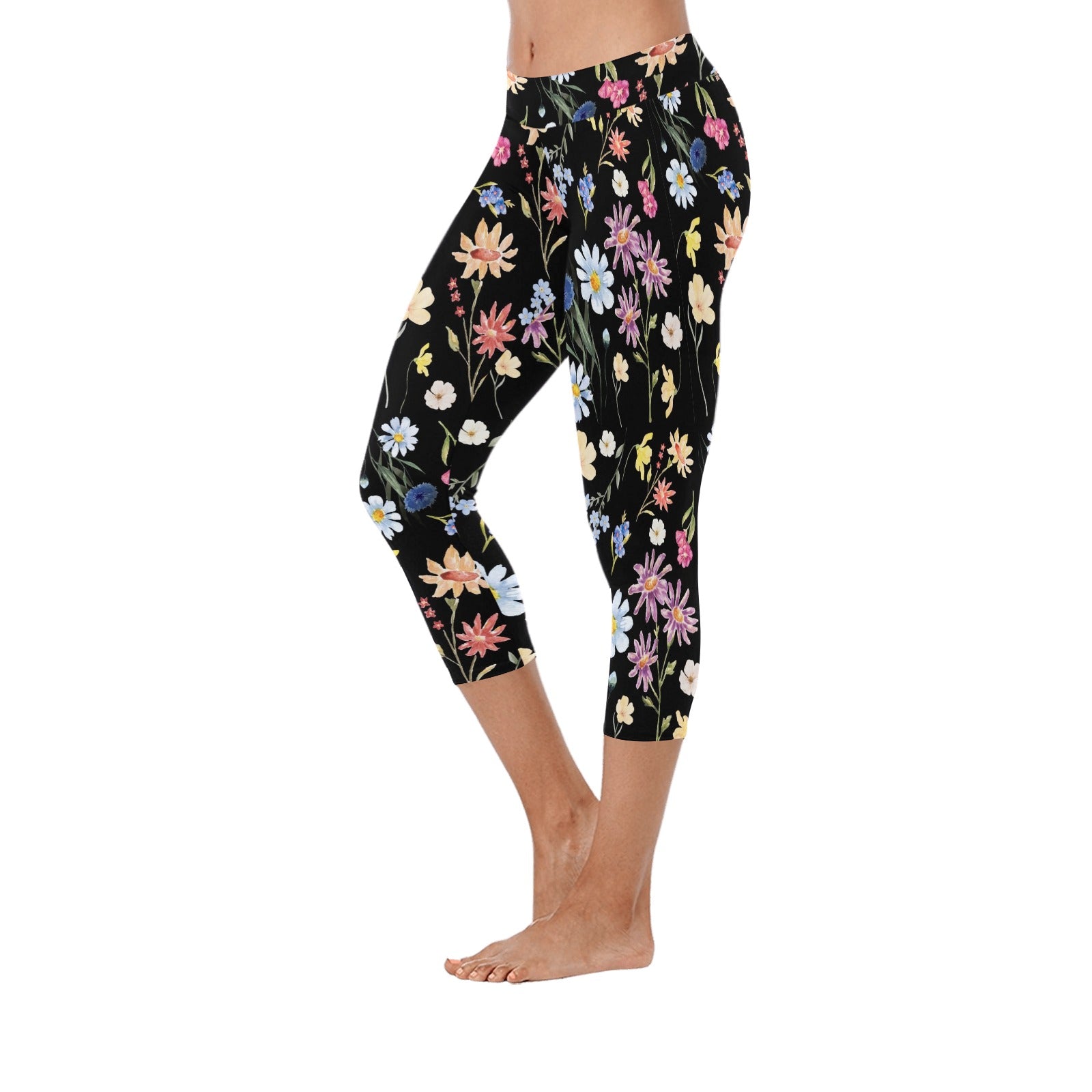 Wildflowers Painted Black Capri Leggings up to 5 XL