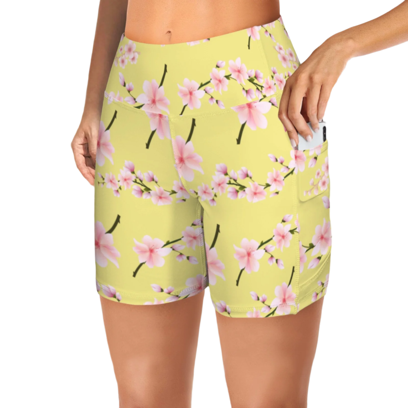 Japanese Pink Flowers Lemon Yoga Shorts with Pockets up to 5 XL (FWS)