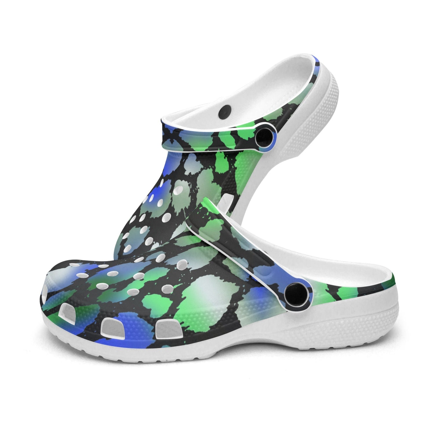 Blue And Green Camo Leopard Unisex White Rubber Clogs