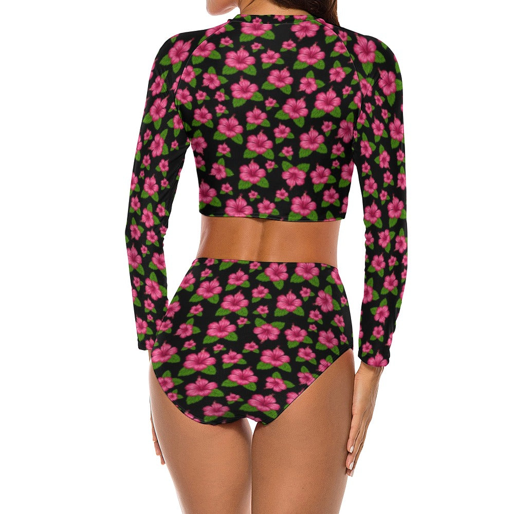 Graphic Pink Hibiscus Black Long Sleeve Surfing Swimsuit