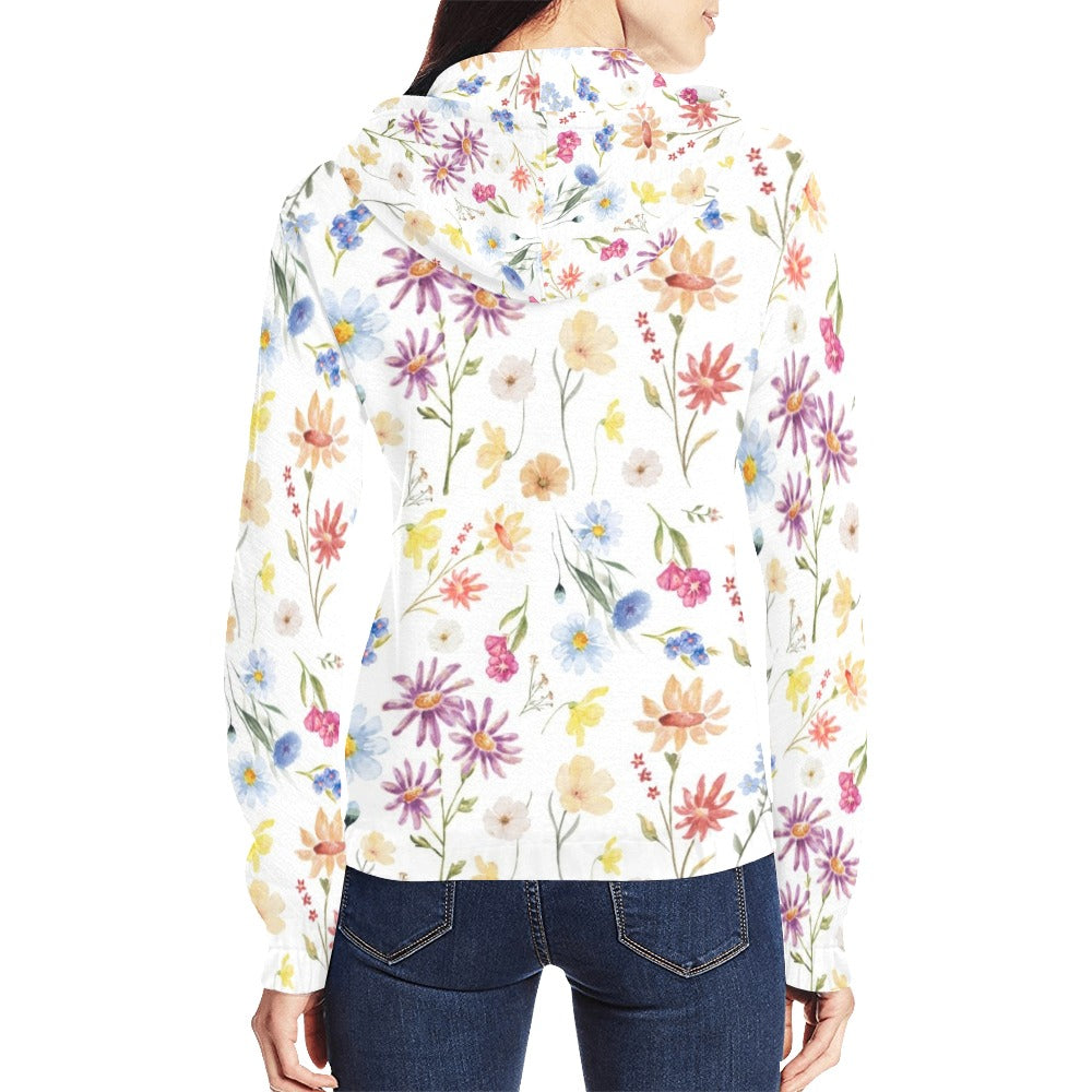 Wildflowers Painted White Full Zip Hoodie up to 2 XL