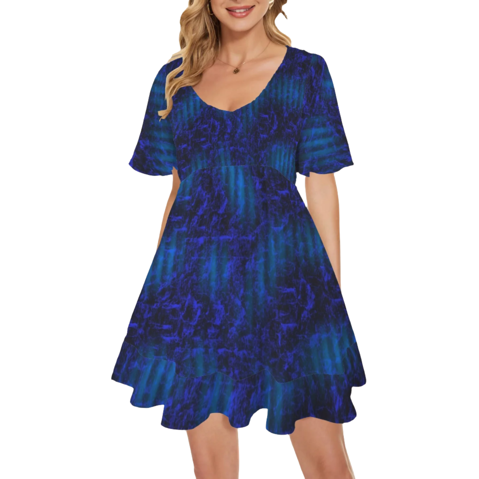 Blue Steel V Neck Flutter Sleeves Dress up to 5 XL (FWS)