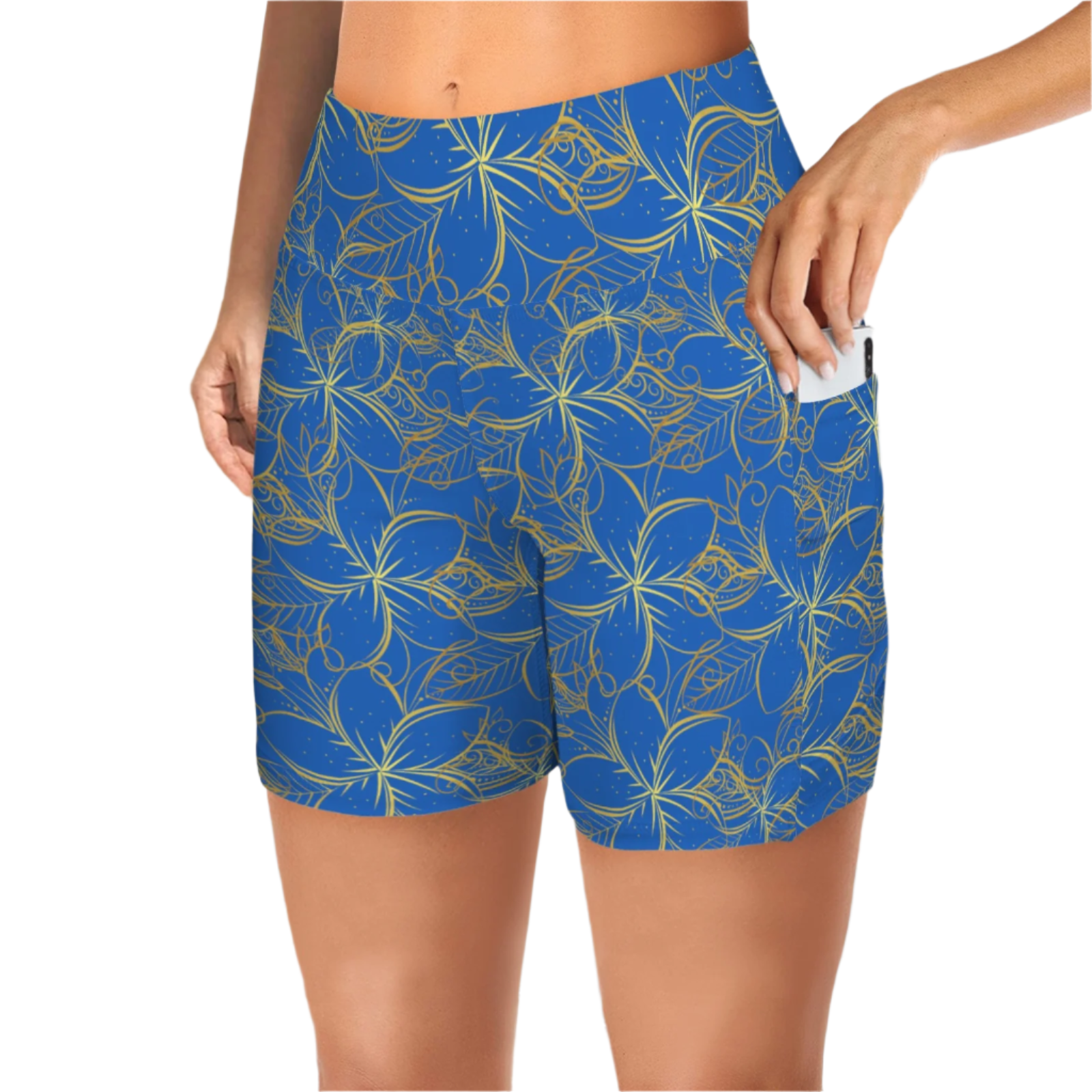 Golden Frangipani Blue Yoga Shorts with Pockets up to 5 XL (FWS)