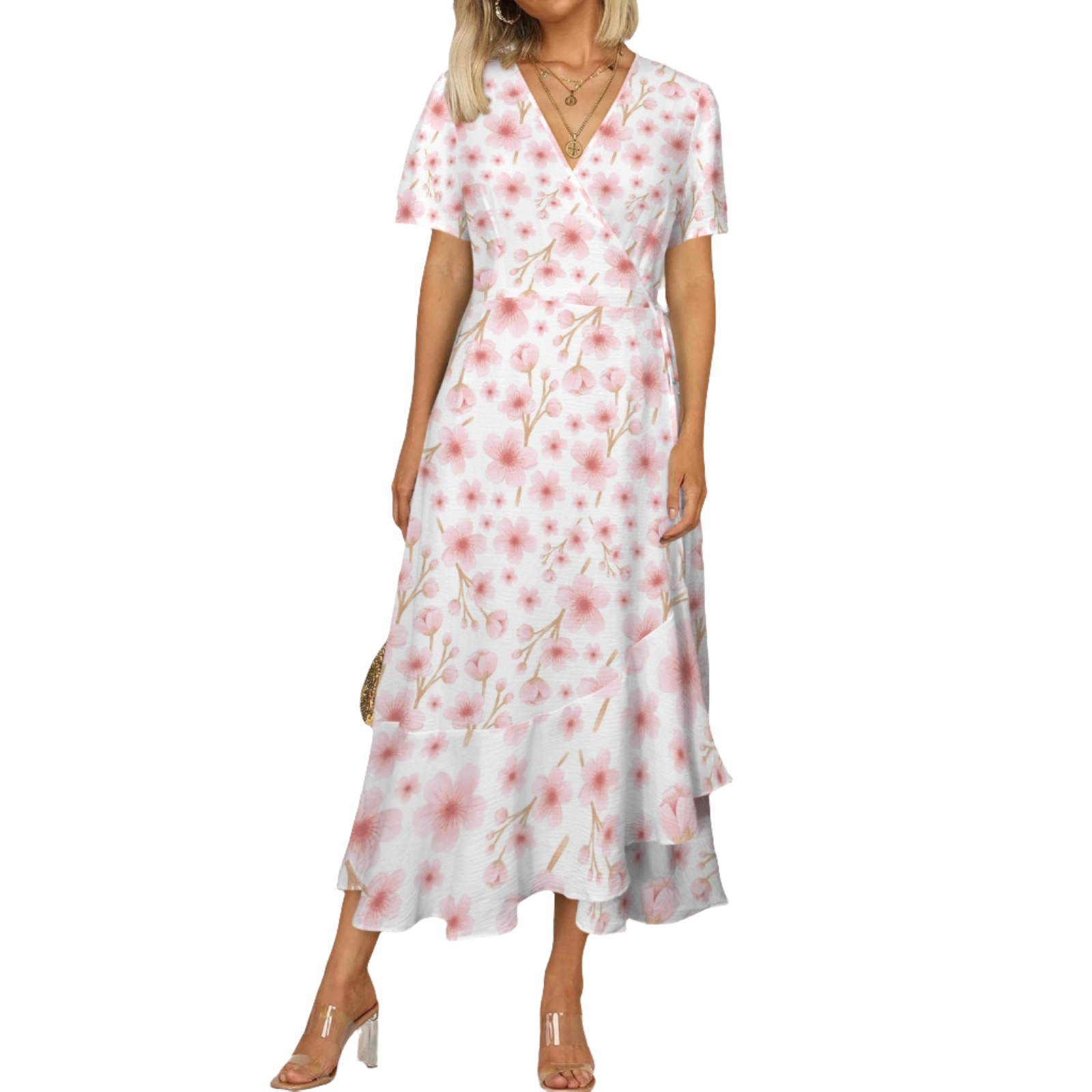 Japanese Pink Flowers White Maxi Dress up to 5 XL (FWS)