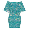 Graphic Lillies Teal Off Shoulder Dress up to 4 XL (FWS)