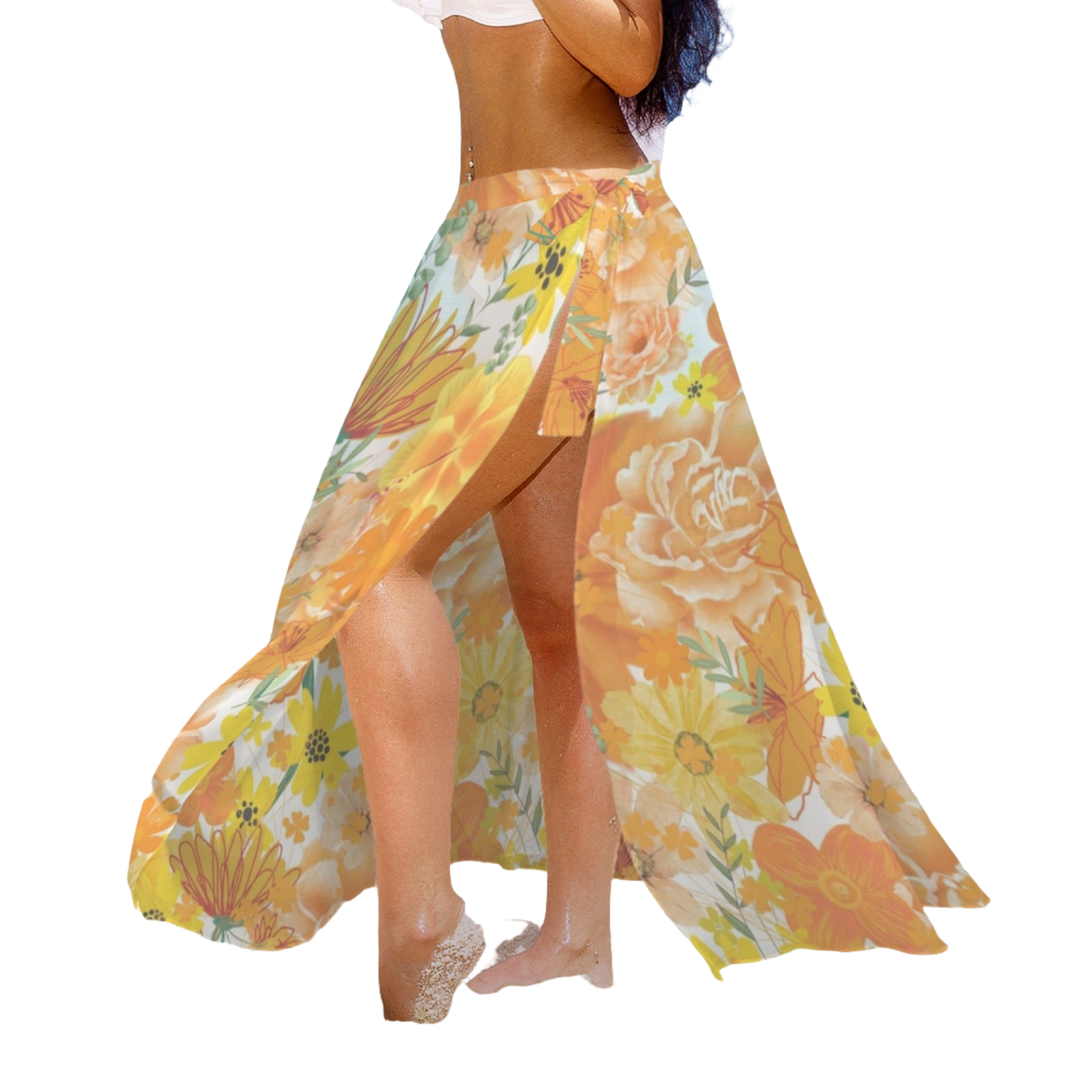 Orange & Yellow Floral White Semi Sheer Coverup up to 5 XL