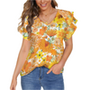 Orange & Yellow Floral White V Neck Double Ruffle Sleeve Top up to 5 XL (FWS)