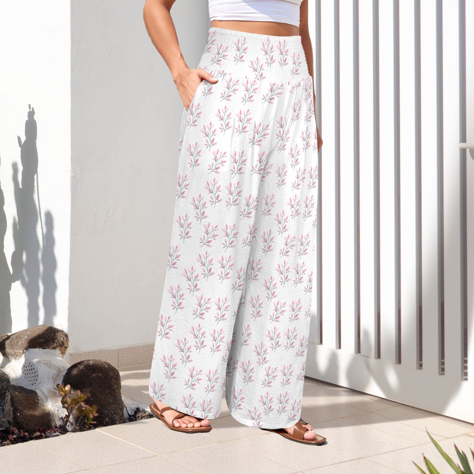 Simple Pink Leaves High Elastic Waist Pants with Wide Legs up to 5 XL 3