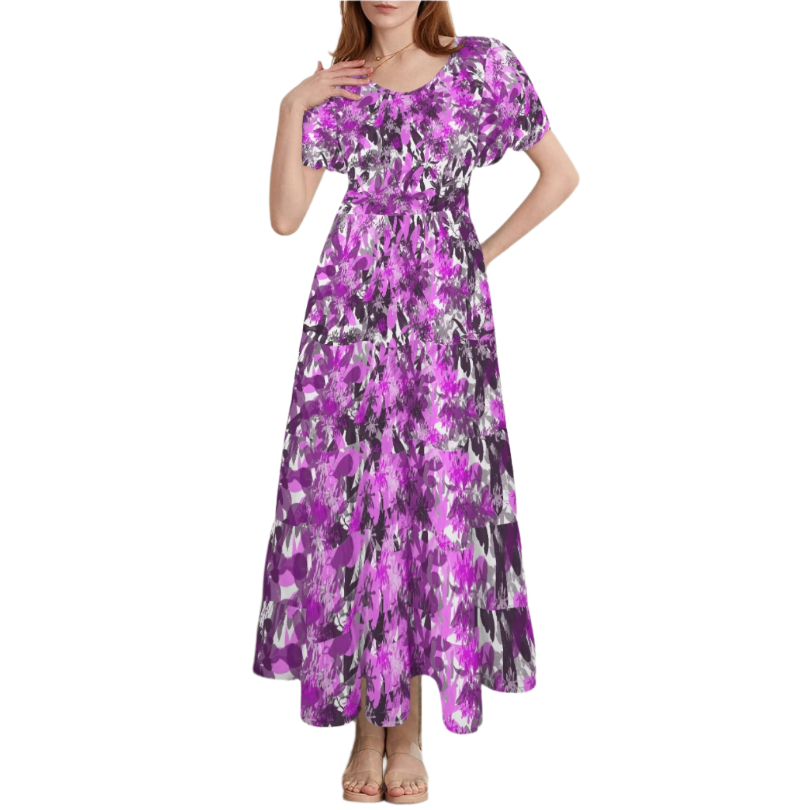 Black & Pink Leaves Round Neck Maxi Dress up to 5 XL (FWS)