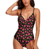 Graphic Pink Hibiscus Black One Piece Tie Back Swimsuit