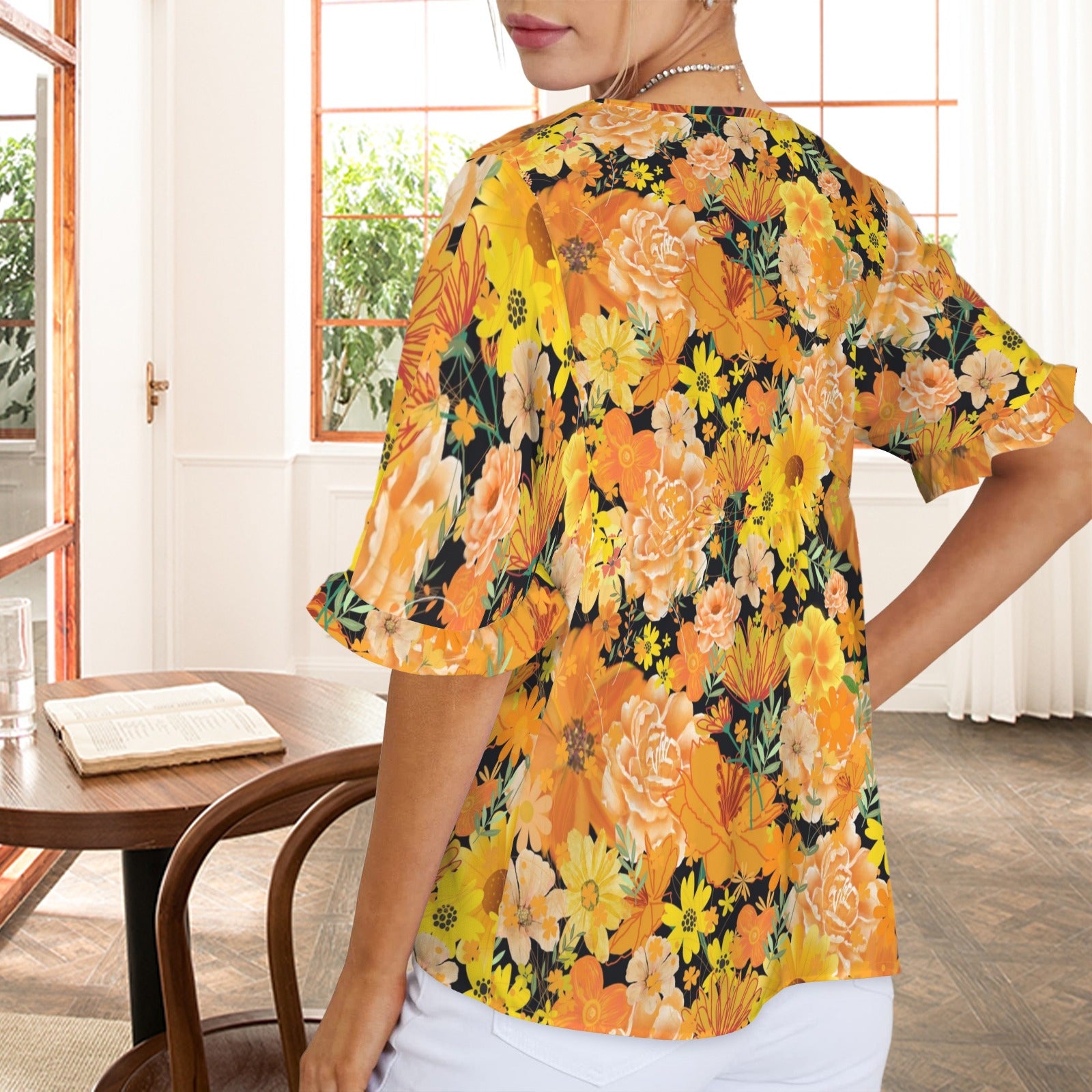 Orange & Yellow Floral Black Longer Ruffle Sleeve Top up to 5 XL (FWS) 3