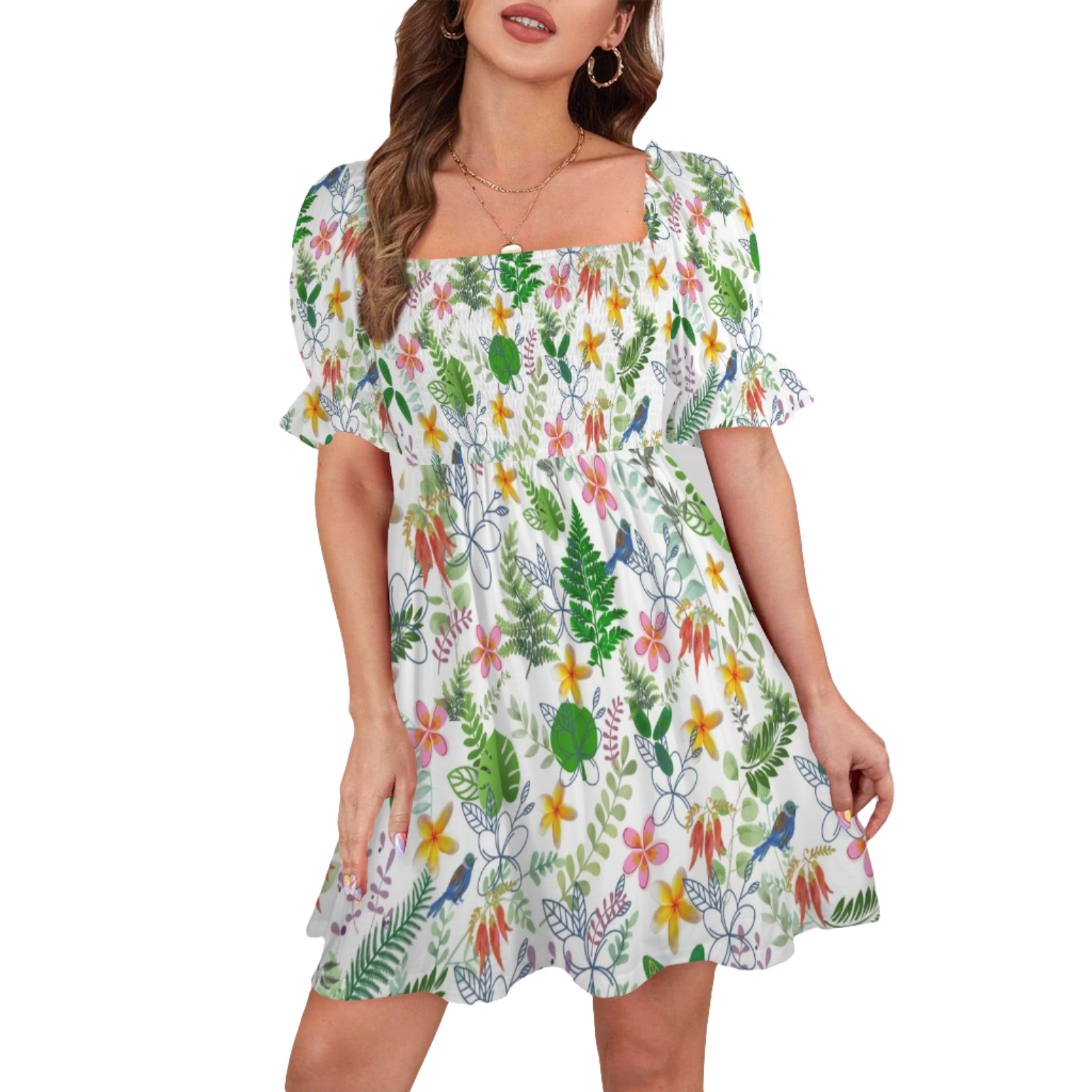 Graphic Floral Ruffles Square Neck Dress up to 5 XL (FWS)