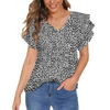 Black Leopard Spots V Neck Double Ruffle Sleeve Top up to 5 XL (FWS)