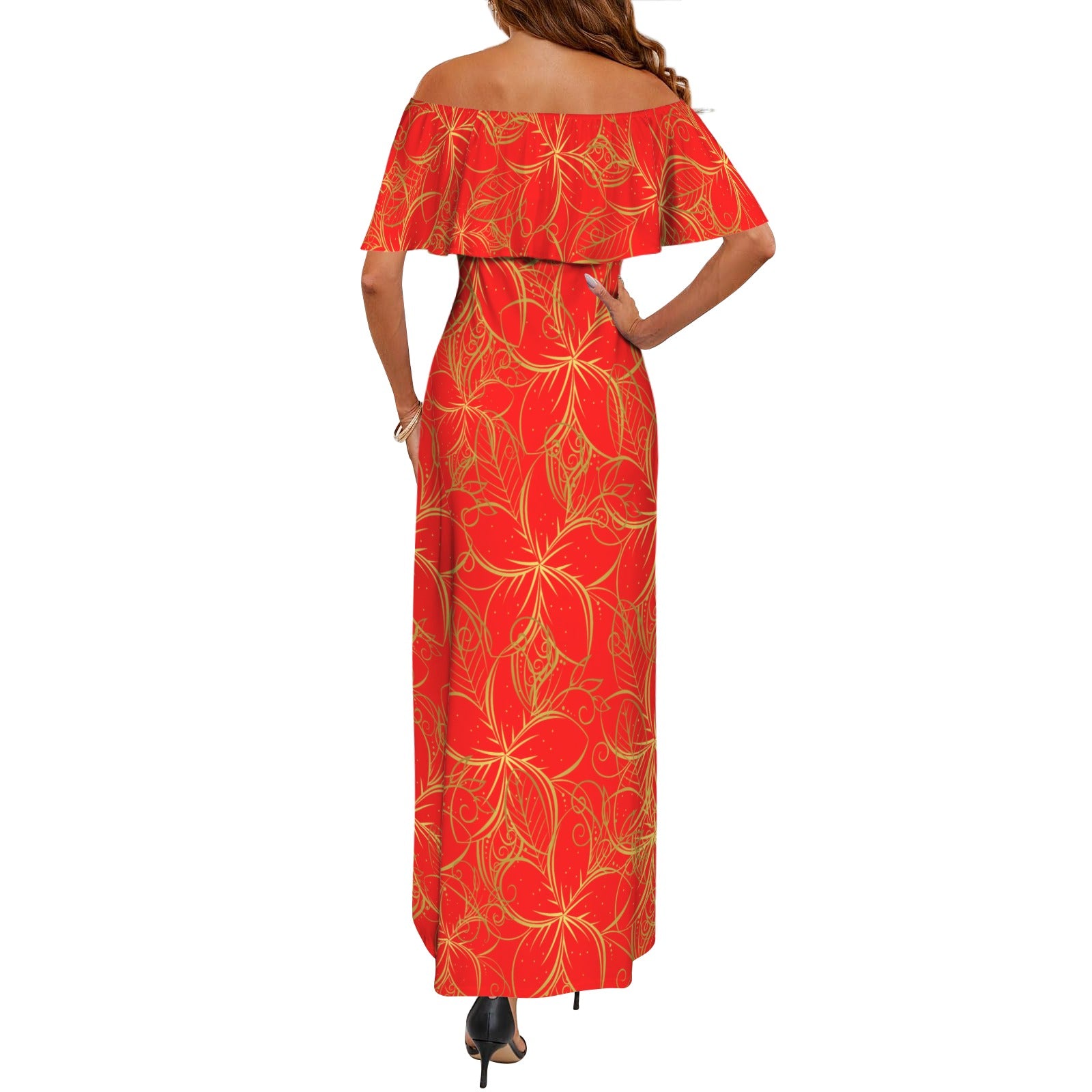 Golden Frangipani Red Off Shoulder Maxi Dress up to 6 XL (FWS)