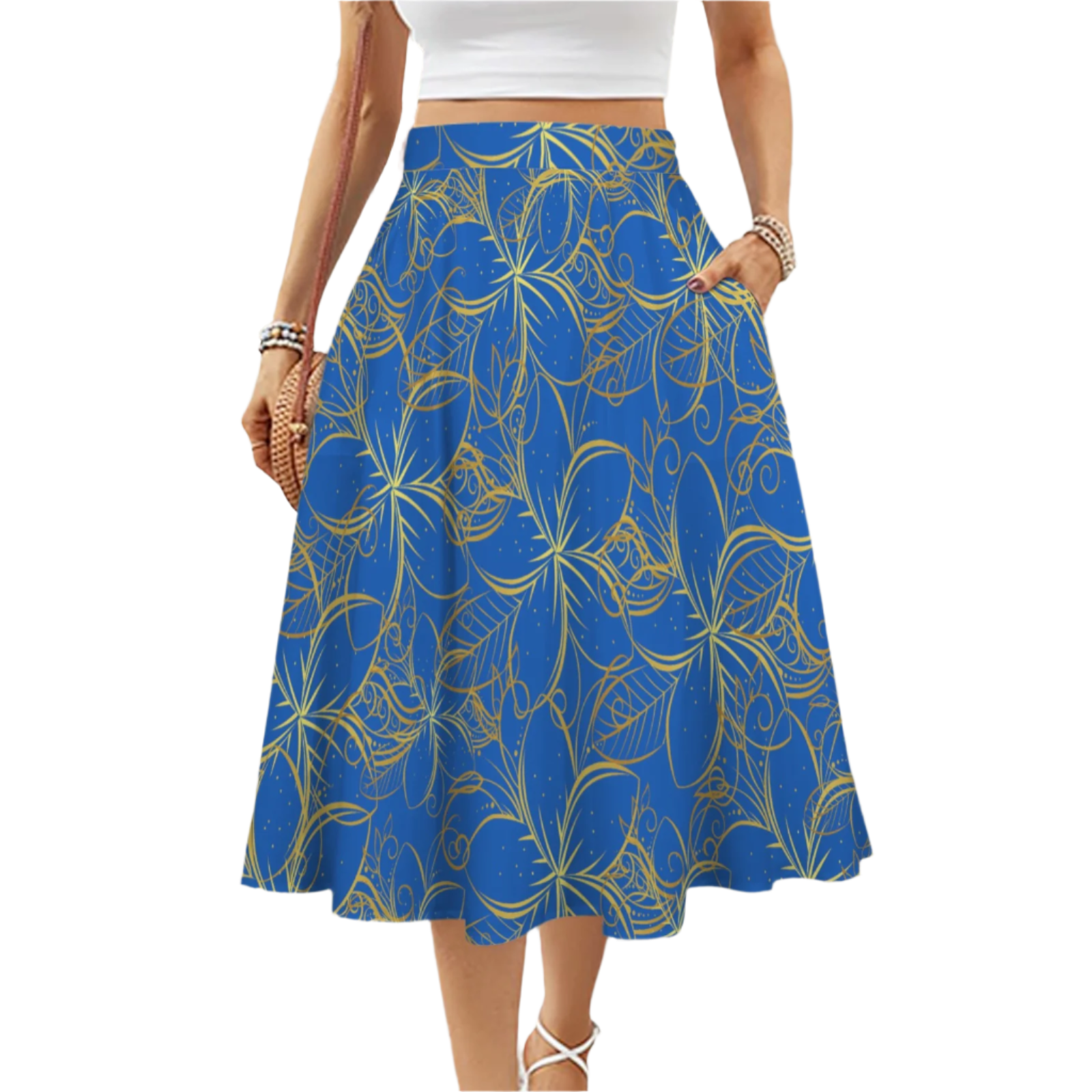 Golden Frangipani Blue Mid Length Skirt with Pockets up to 5 XL (FWS)