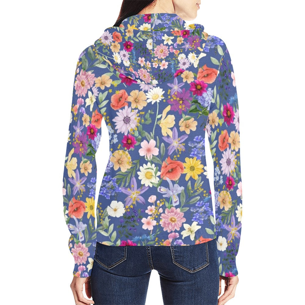 Blue Colourful Floral Full Zip Hoodie up to 2 XL