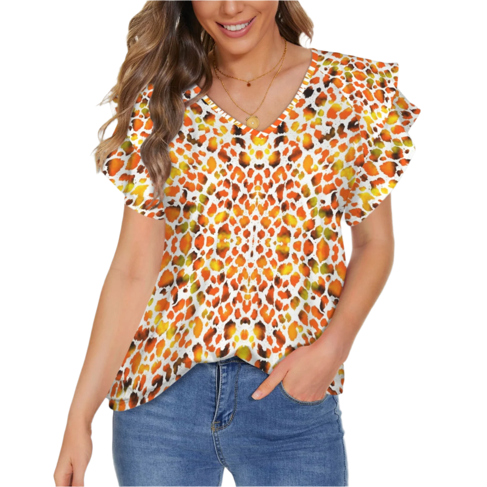 Leopard Fire V Neck Double Ruffle Sleeve Top up to 5 XL (FWS)