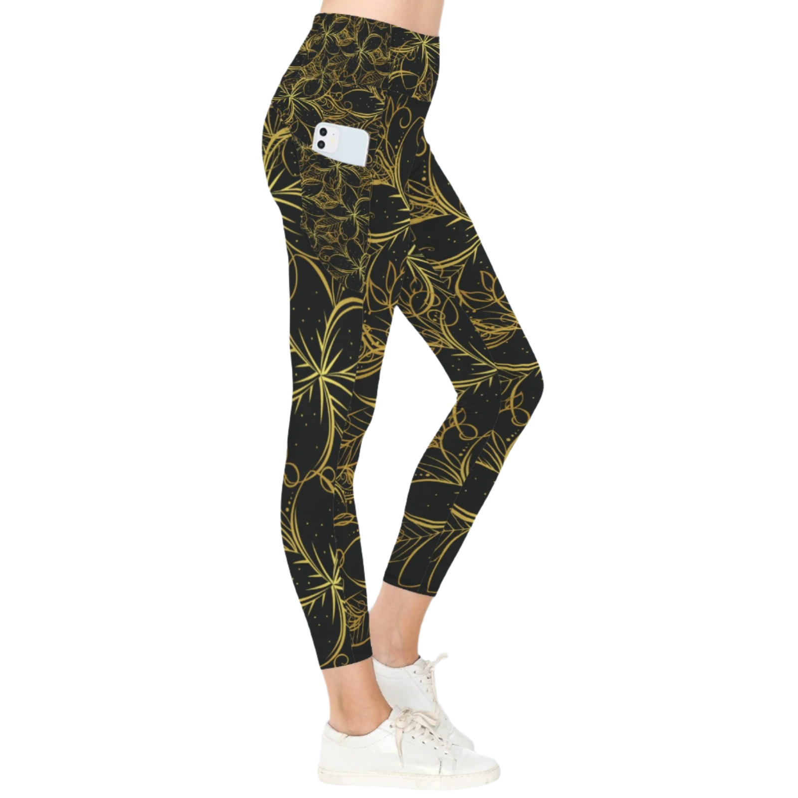 Golden Frangipani Black Leggings with Pockets up to 5 XL (FWS)