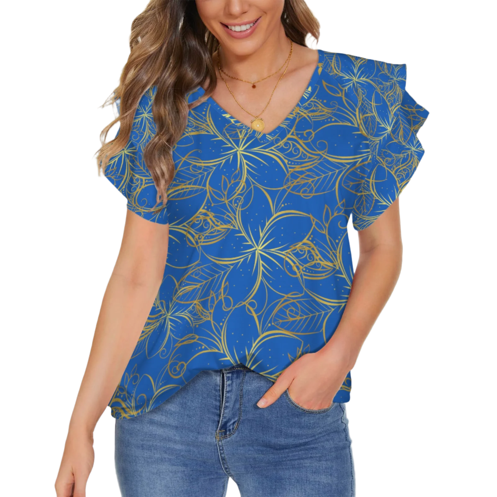 Golden Frangipani Blue V Neck Double Ruffle Sleeve Top up to 5 XL (FWS)