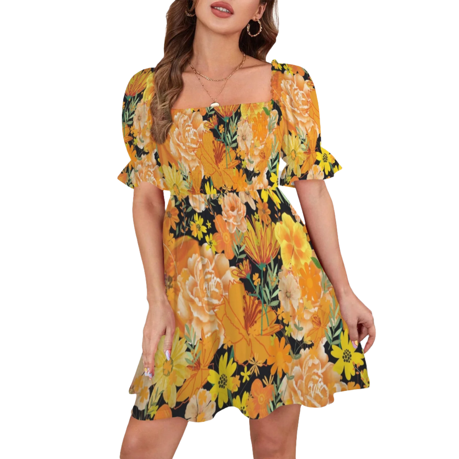 Orange & Yellow Floral Black Ruffles Square Neck Dress up to 5 XL (FWS)