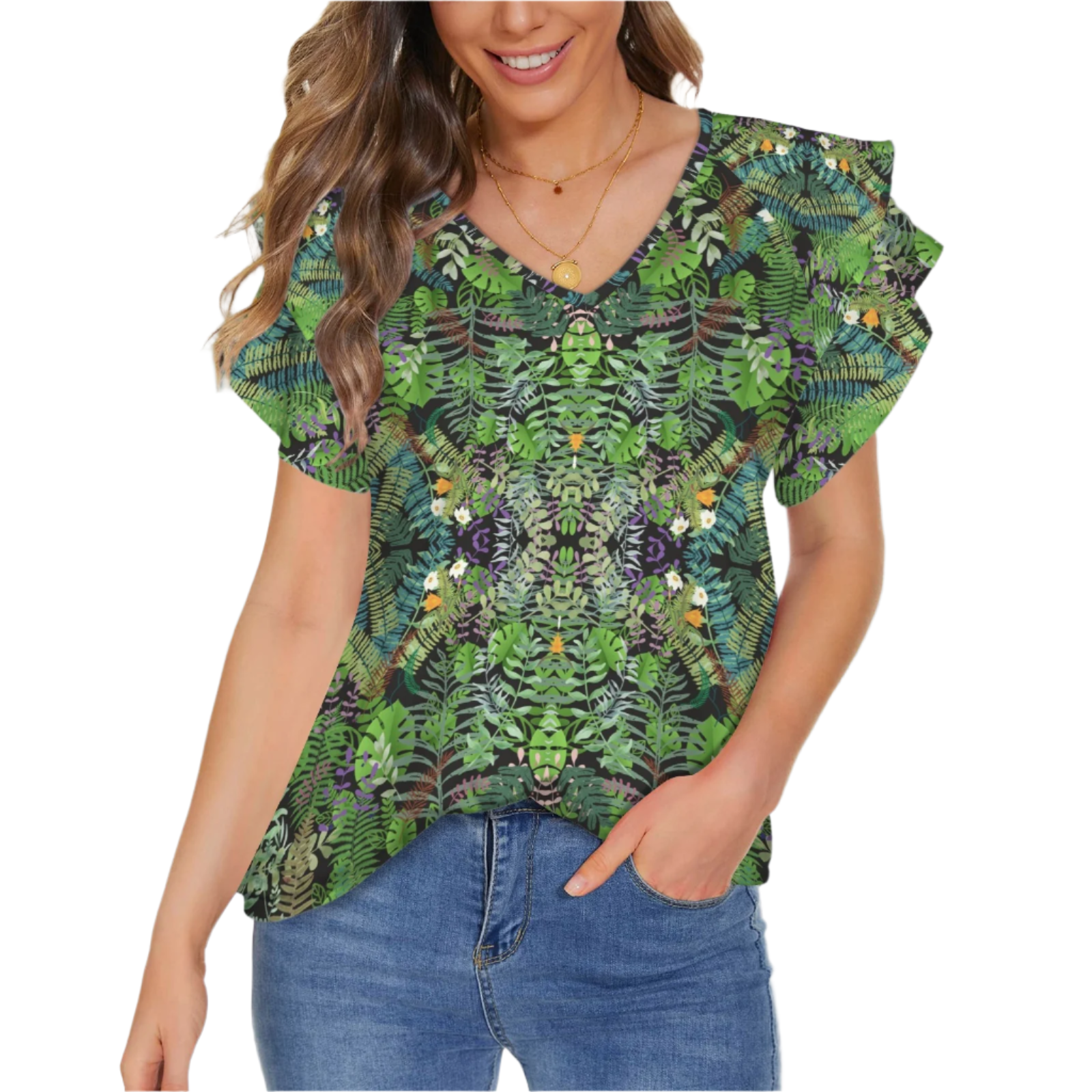 Graphic Jungle V Neck Double Ruffle Sleeve Top up to 5 XL (FWS)