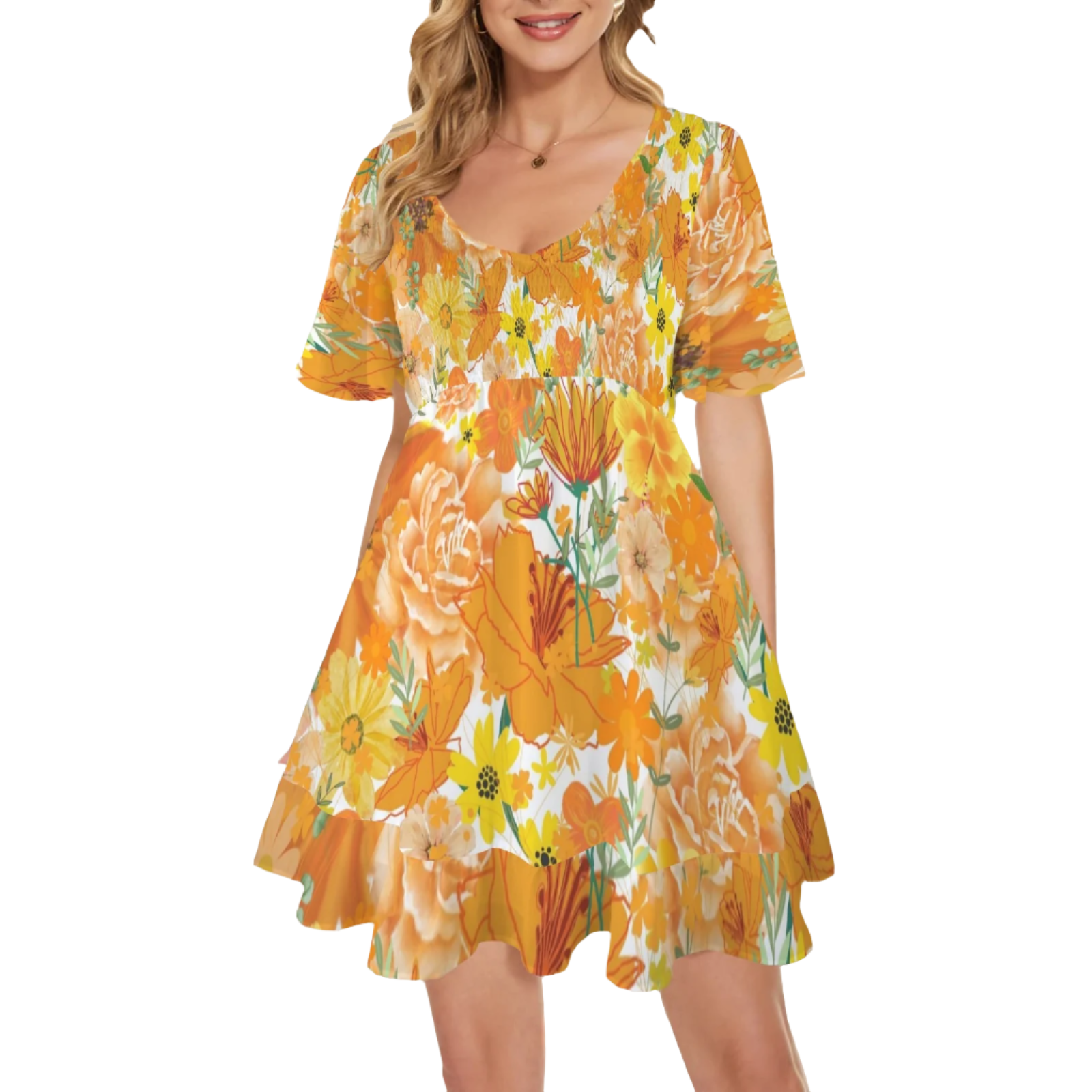 Orange & Yellow Floral White V Neck Flutter Sleeves Dress up to 5 XL (FWS)