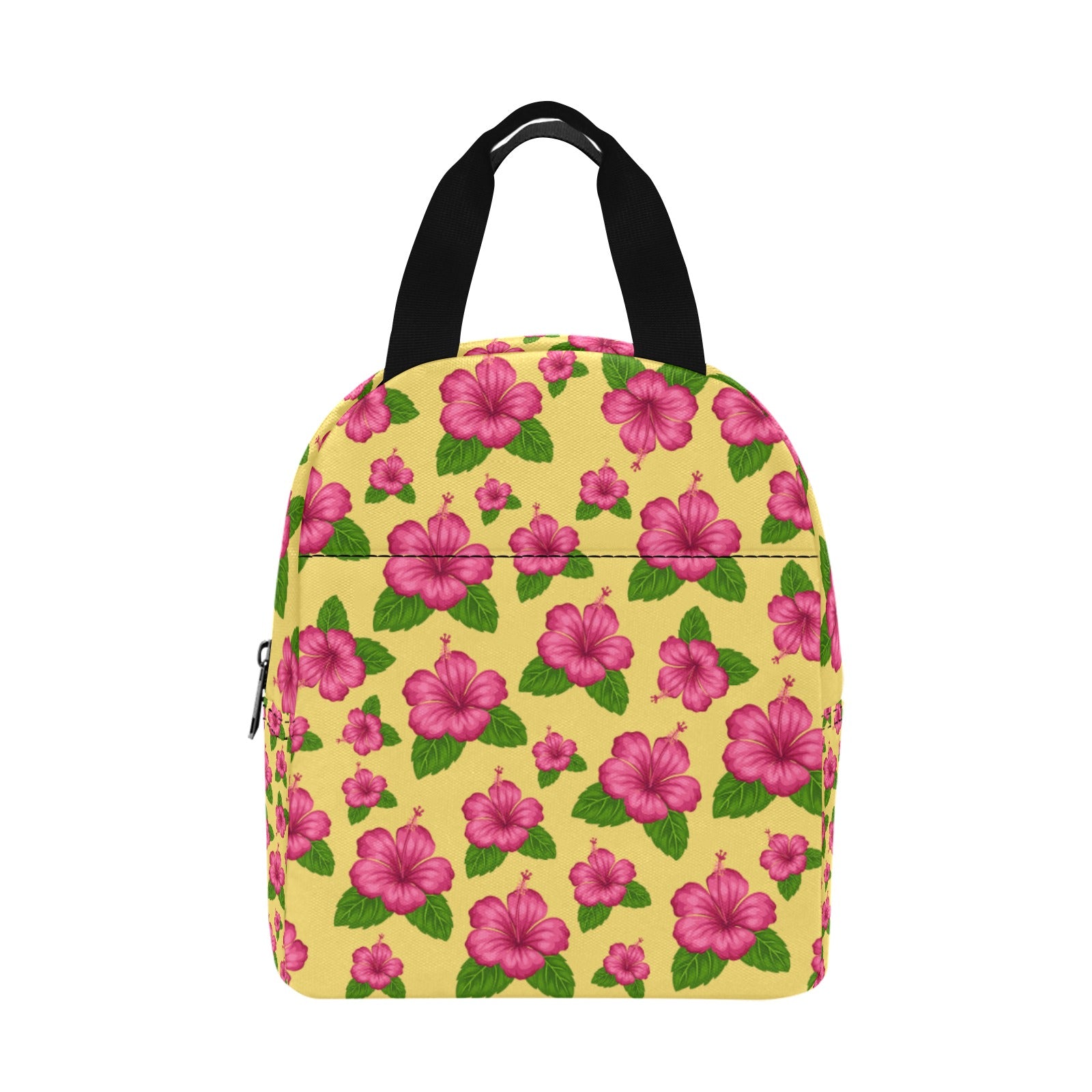 Graphic Pink Hibiscus Yellow Insulated Zipper Lunch Bag