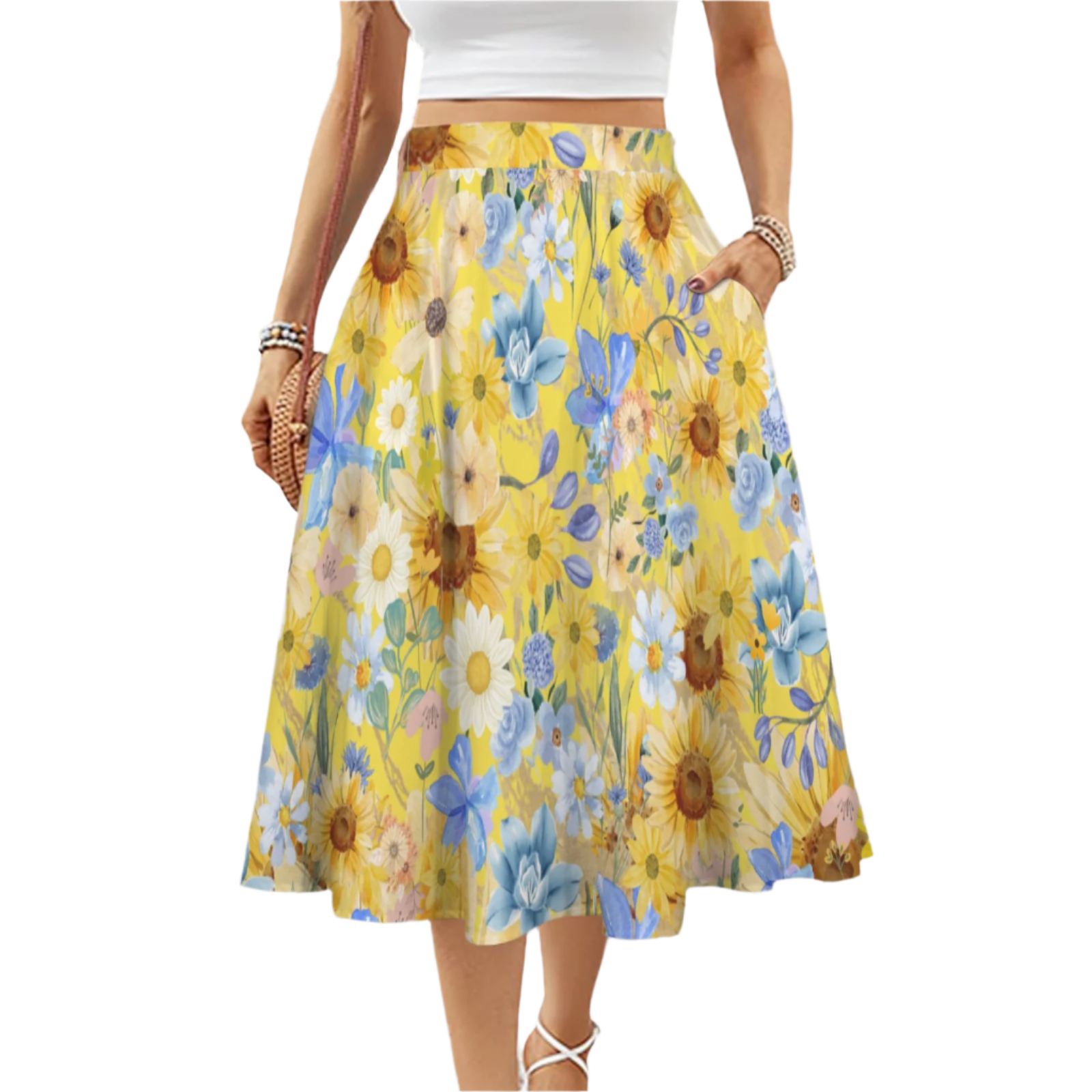 Yellow Floral Art Mid Length Skirt with Pockets up to 5 XL (FWS)