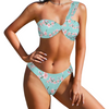 Japanese Pink Flowers Blue One Shoulder Thong Bikini up to 5 XL (FWS)