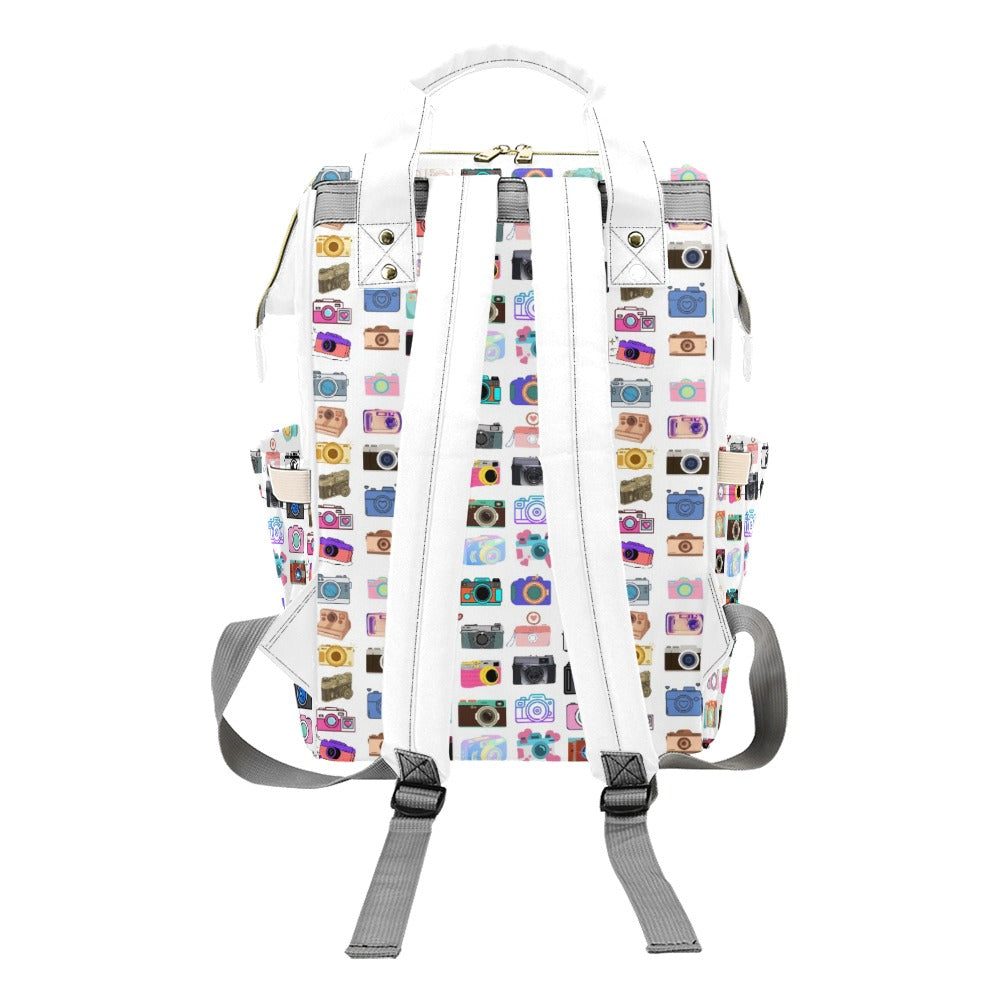 Vintage Cameras White Multi Function Backpack with White Handles