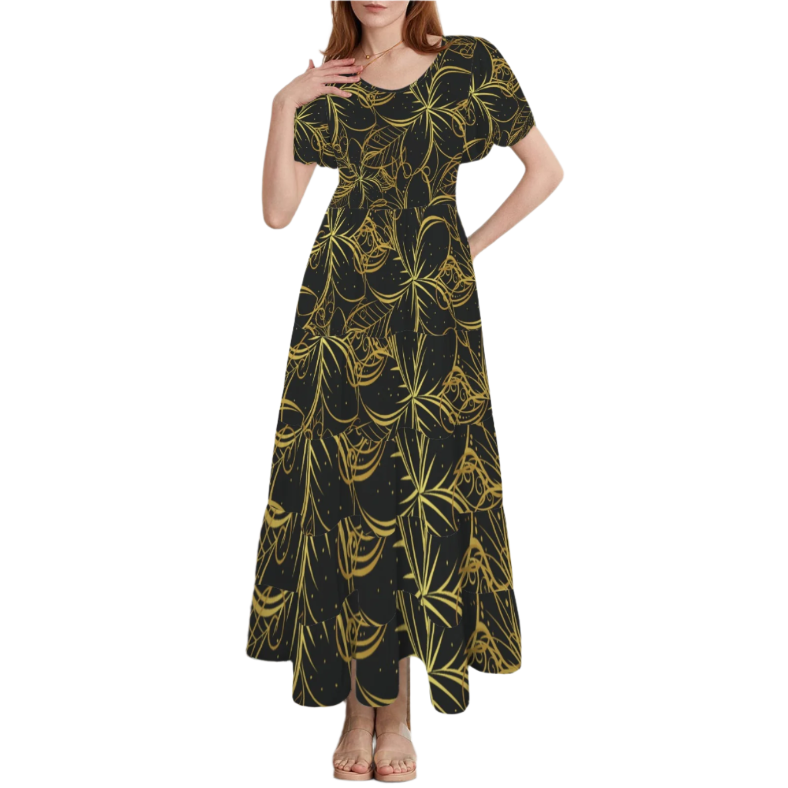 Golden Frangipani Black Round Neck Maxi Dress up to 5 XL (FWS)