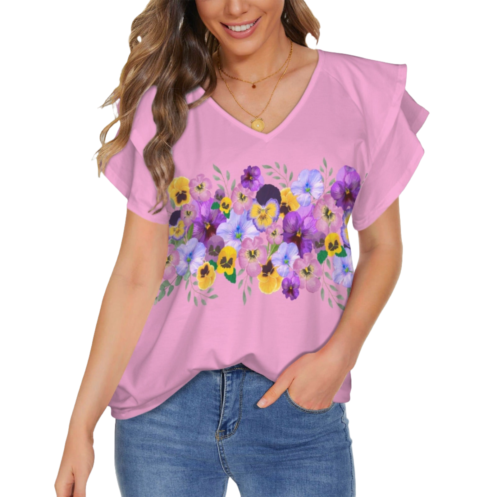 Pink Pansies V Neck Double Ruffle Sleeve Top up to 5 XL (FWS)