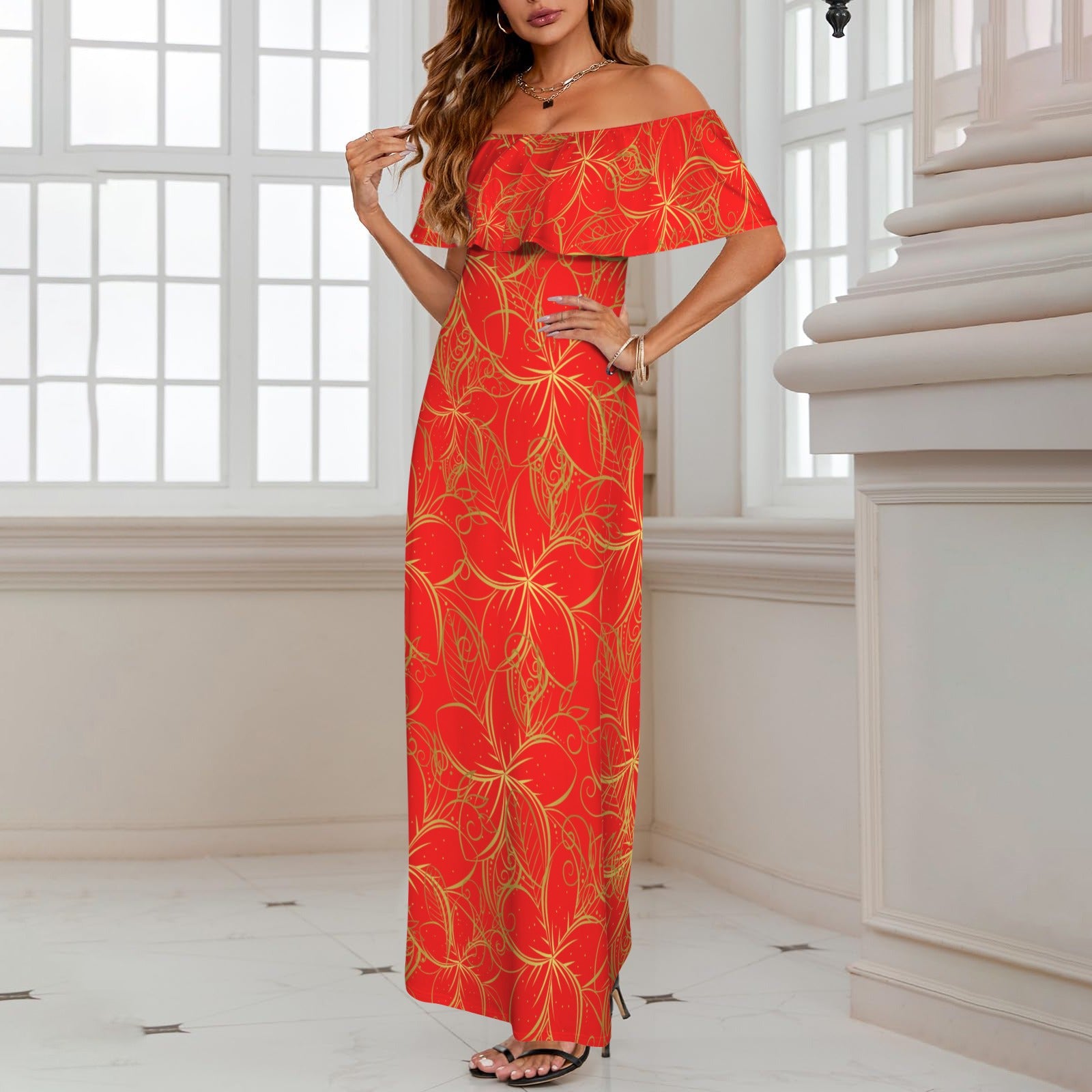 Golden Frangipani Red Off Shoulder Maxi Dress up to 6 XL (FWS)