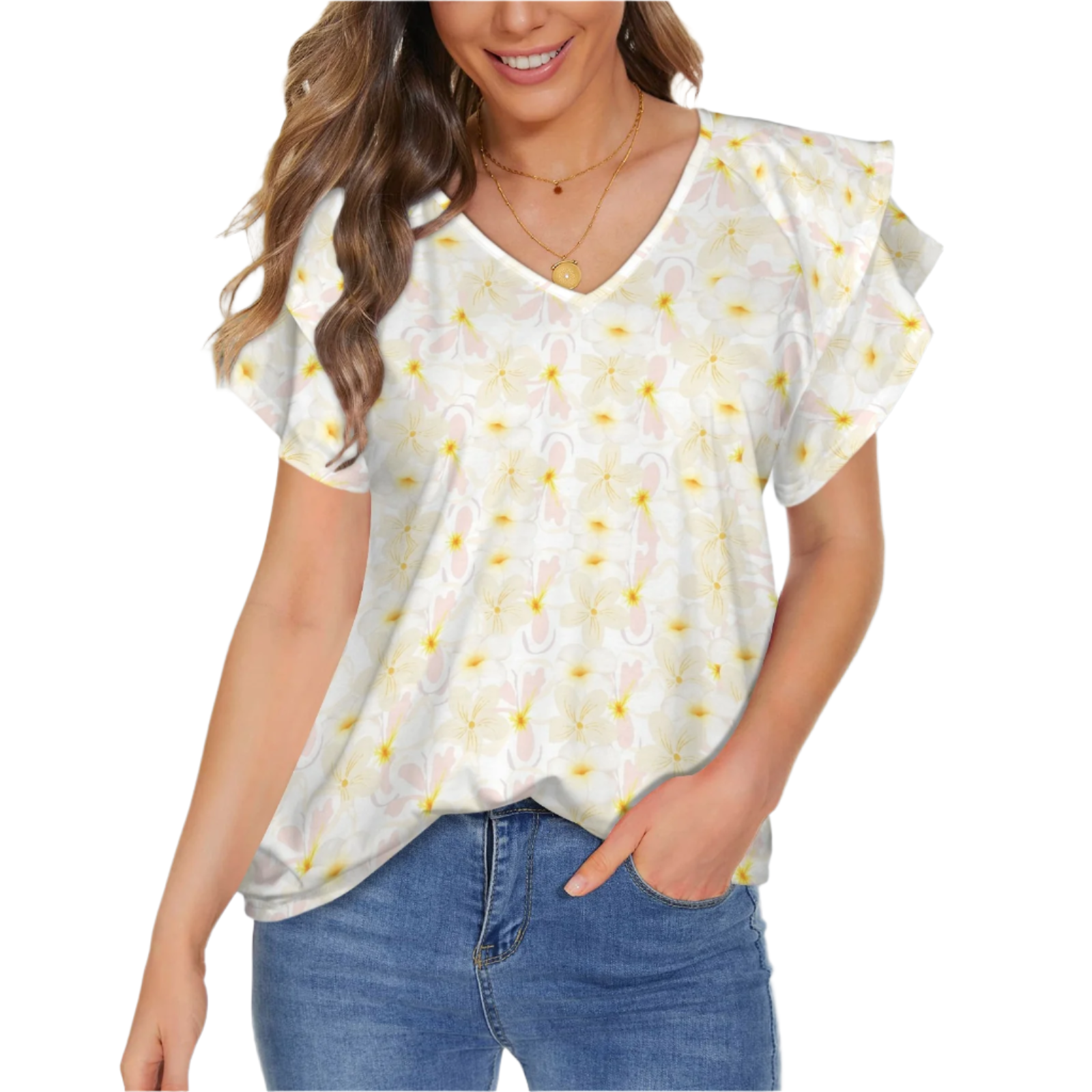 Pastel Frangipanis V Neck Double Ruffle Sleeve Top up to 5 XL (FWS)