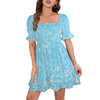 Graphic White on Blue Ruffles Square Neck Dress up to 5 XL (FWS)