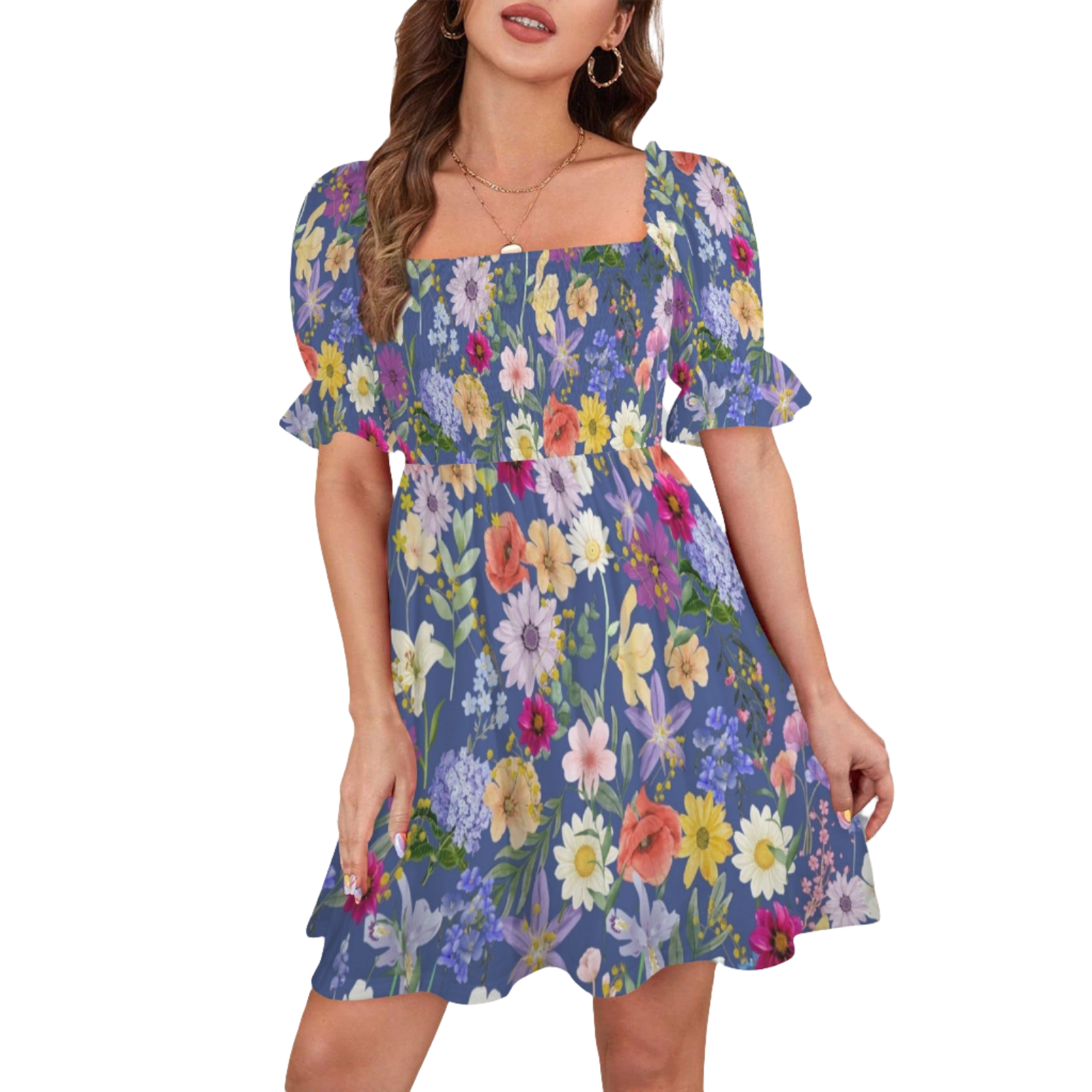 Blue Colourful Floral Ruffles Square Neck Dress up to 5 XL (FWS)