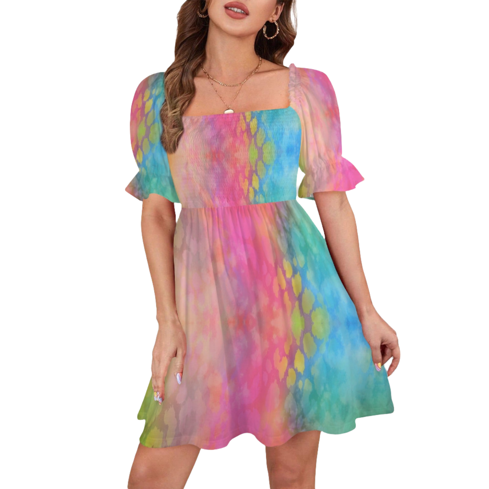 Rainbow Cotton Floss Ruffles Square Neck Dress up to 5 XL (FWS)