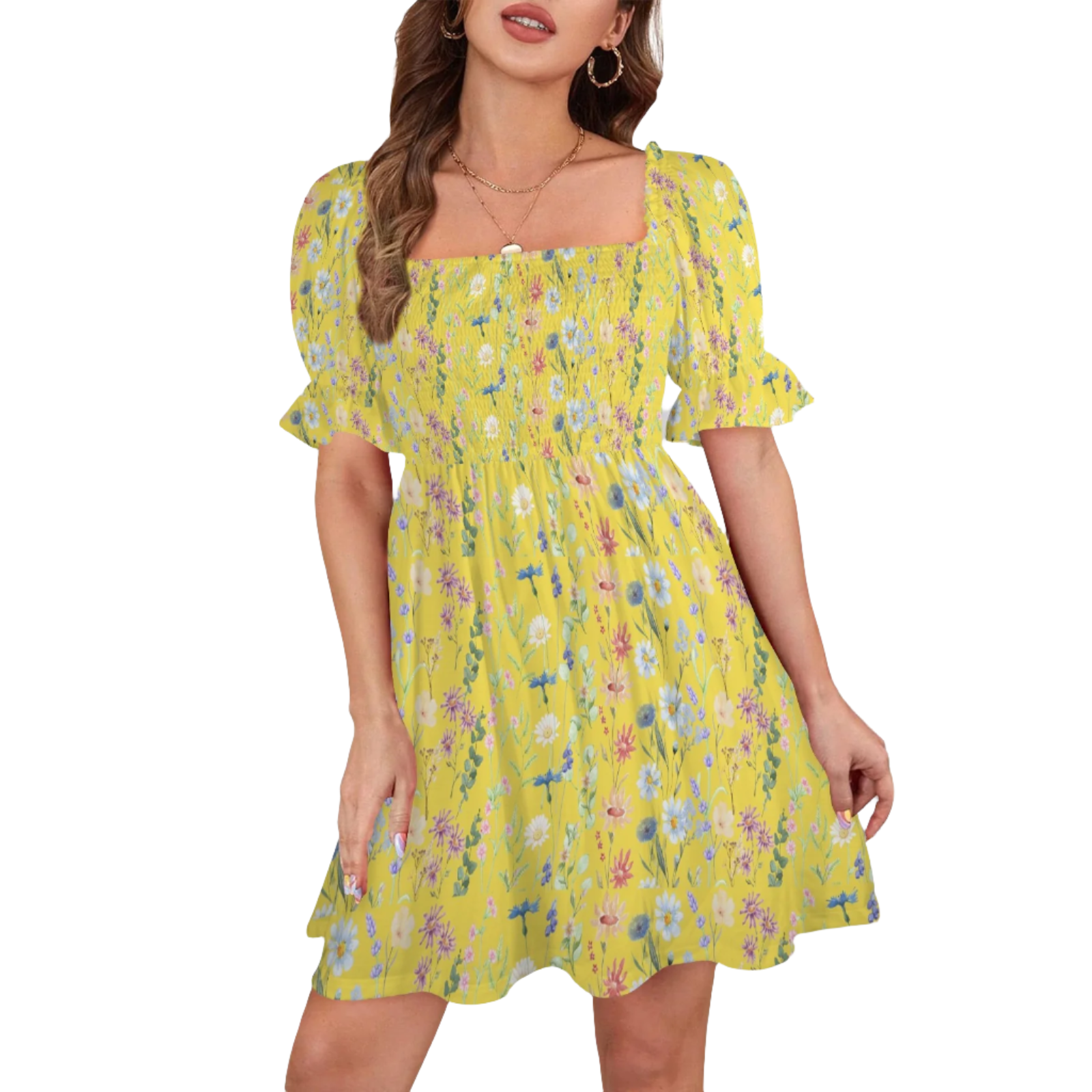 Wildflowers Painted Yellow Ruffles Square Neck Dress up to 5 XL (FWS)